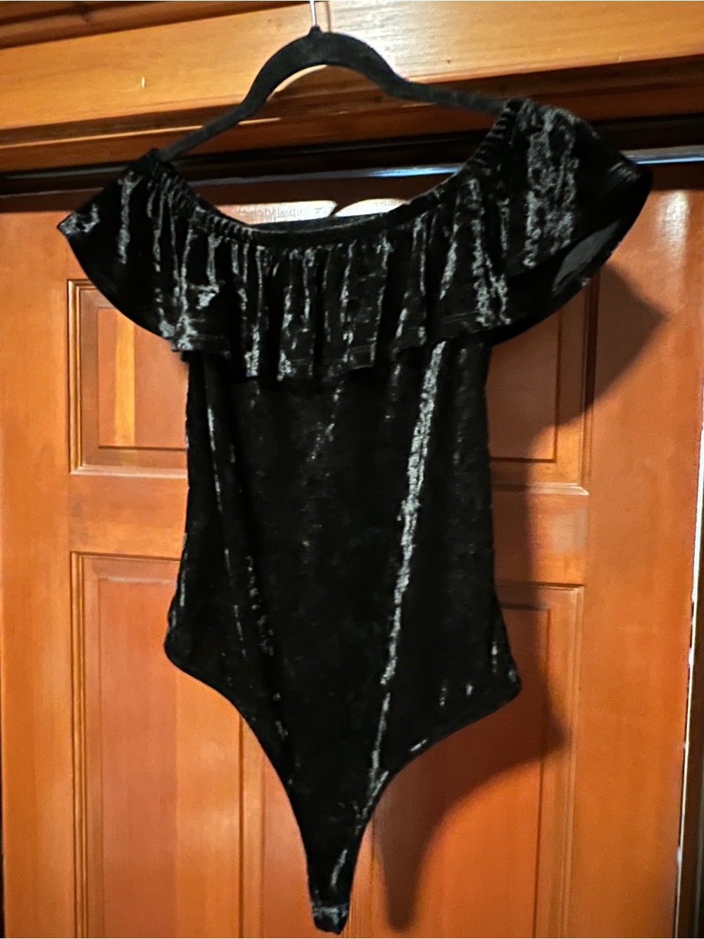 iris Black Velvet Off-Shoulder Ruffle One-Piece Bodysuit